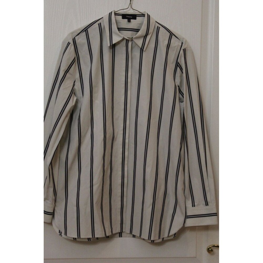 Theory Ventura Off White/Black Vertical Striped Long Sleeve Shirt Size Small